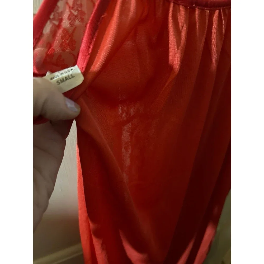 Vintage Med Undercover Wear Red Long Lace Silky Nylon Goddess Nightgown